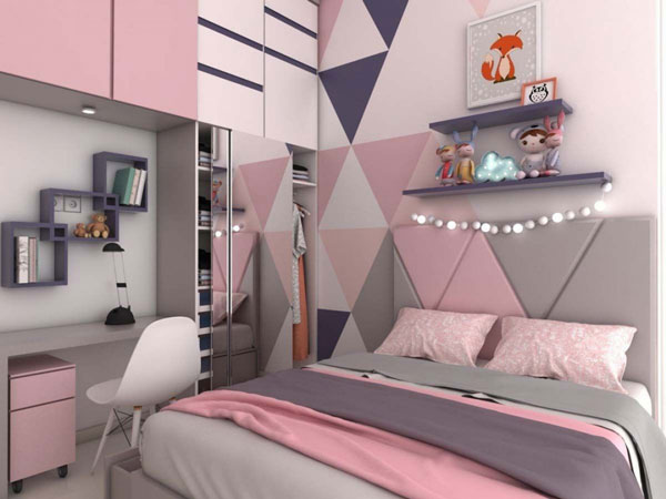 desain cat kamar geometris dengan pola feminim untuk kamar anak perempuan